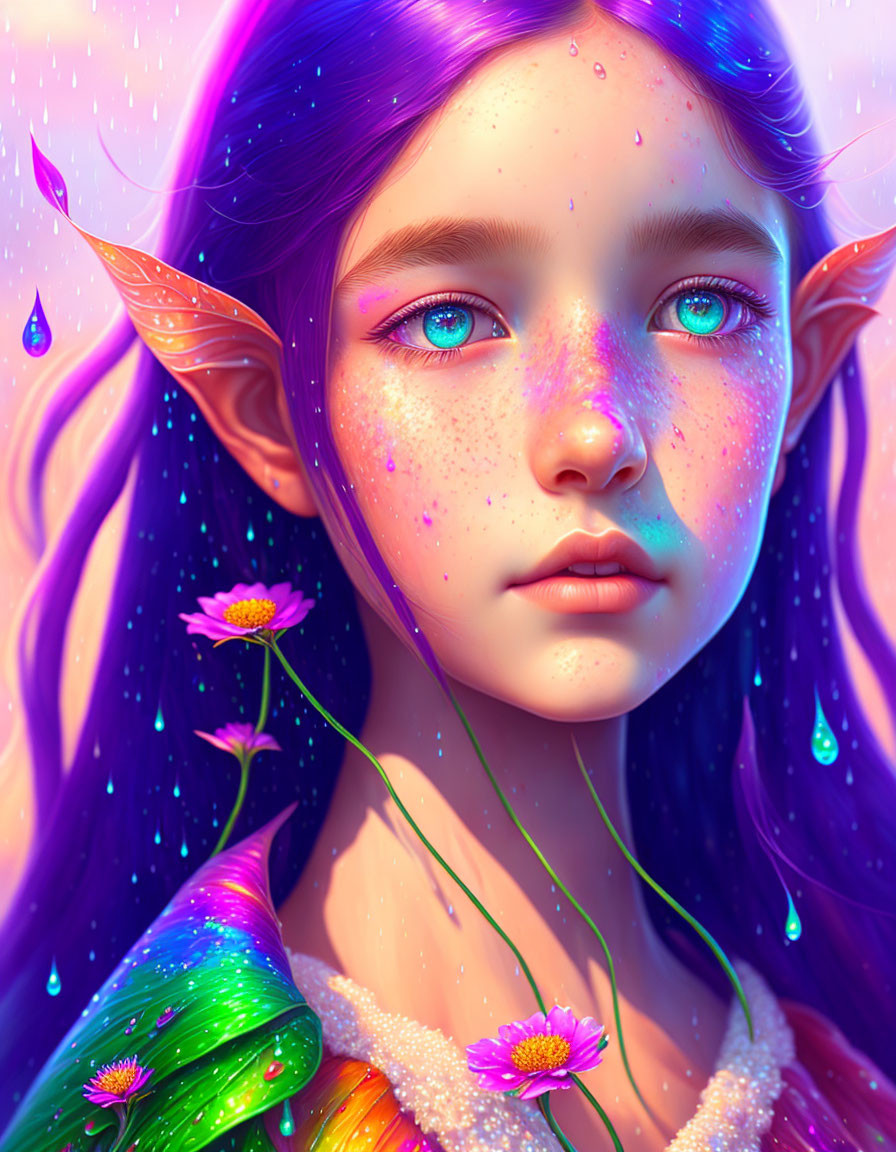 Fantasy elf girl portrait with blue eyes, purple hair, and colorful skin