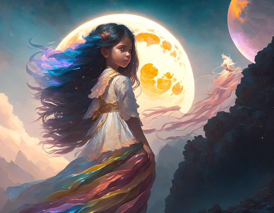 Fantasy illustration of girl with multicolored hair on cliff under twin moons