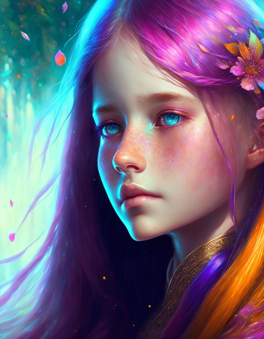 Violet-haired girl with blue eyes surrounded by flowers in a magical scene