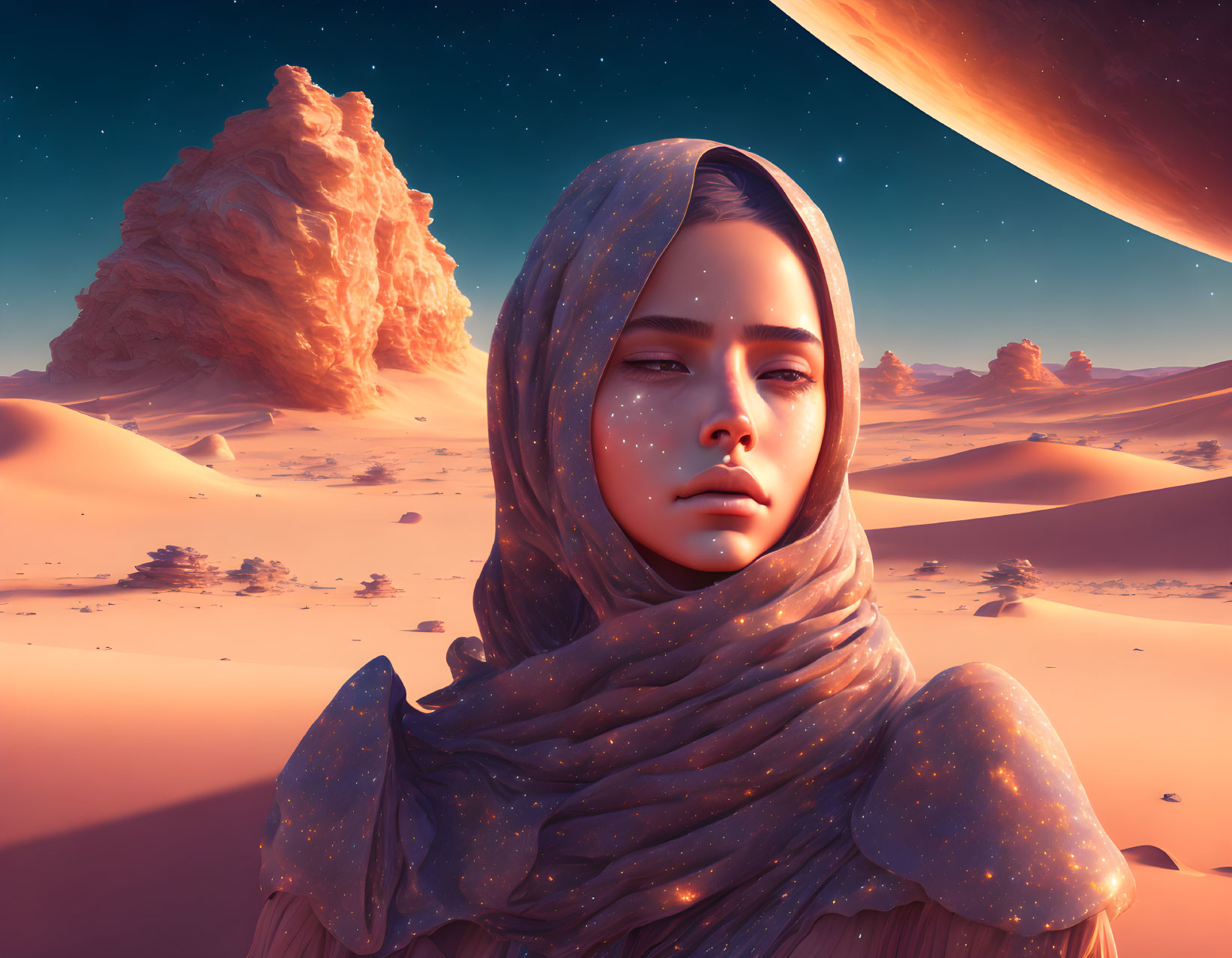 Contemplative woman with starry shawl in desert landscape with large planet.