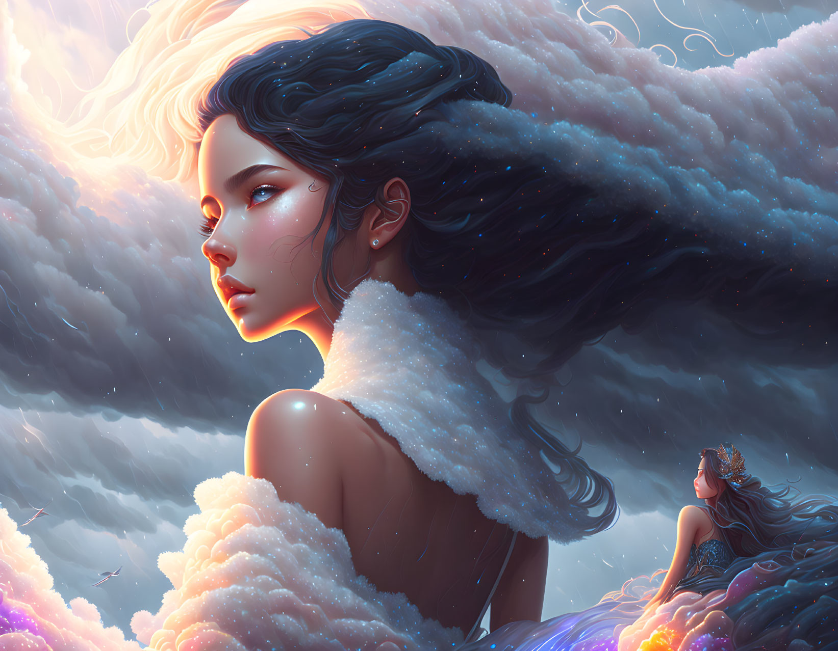 Digital artwork: Woman with flowing hair merged with clouds, gazing at miniature self in fiery skies