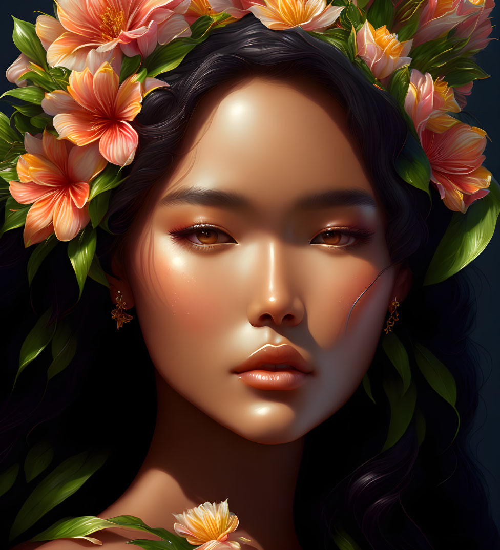 Detailed digital portrait of a serene woman with flower crown in warm tones