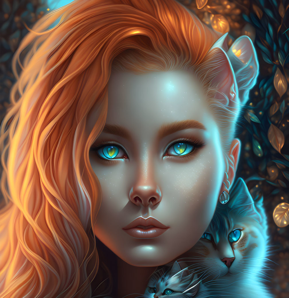 Digital artwork of woman with blue eyes & red hair, surrounded by cats with matching eyes, in leaf