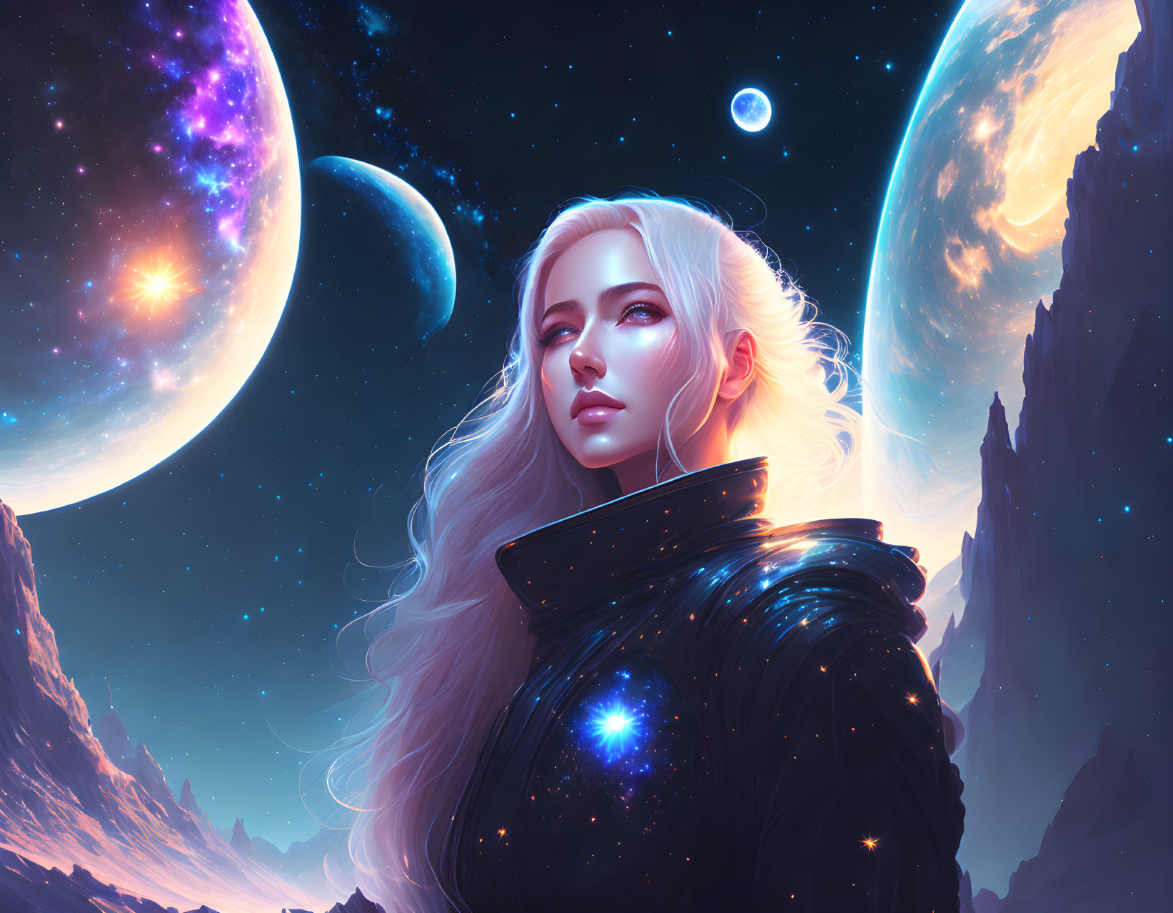 Blonde woman gazing at cosmic backdrop with stars and planets