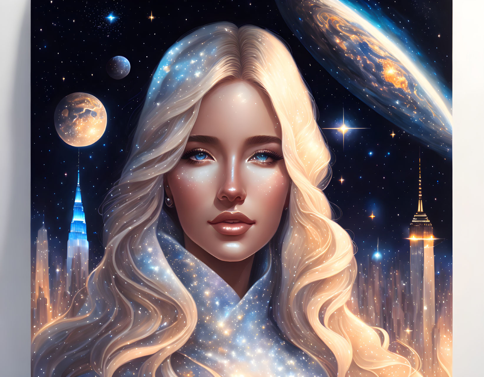 Digital portrait of woman with cosmic-themed hair merging into starry night sky, planets, and cityscape