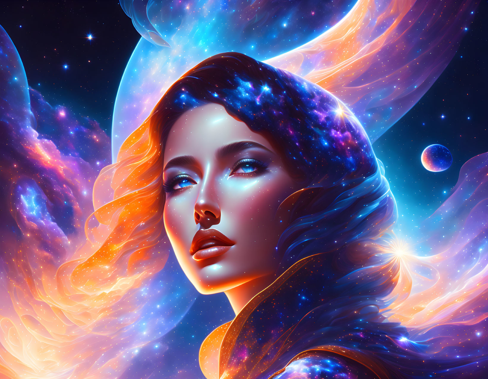 Vibrant cosmic digital artwork of woman's face blending with space