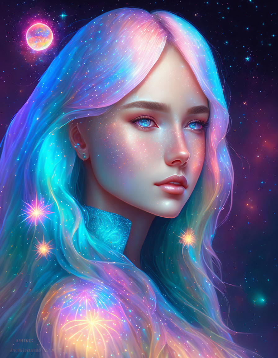 Vibrant digital portrait of young woman with colorful hair and cosmic backdrop