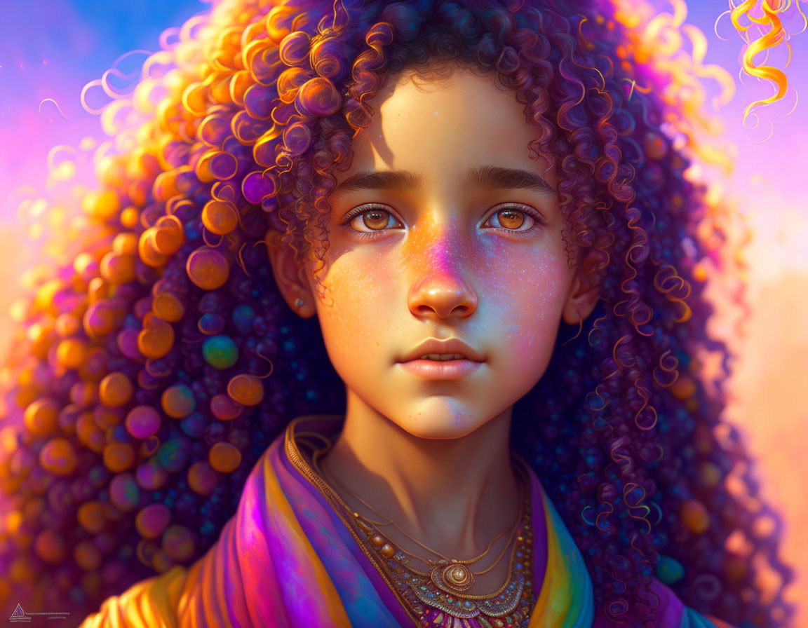 Portrait of a girl with curly hair, freckles, and dreamy expression