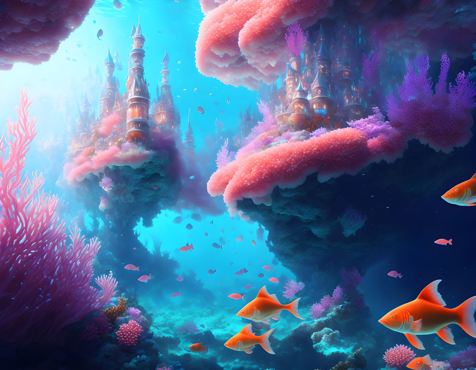 Colorful Coral Castle Structures in Underwater Fantasy Scene
