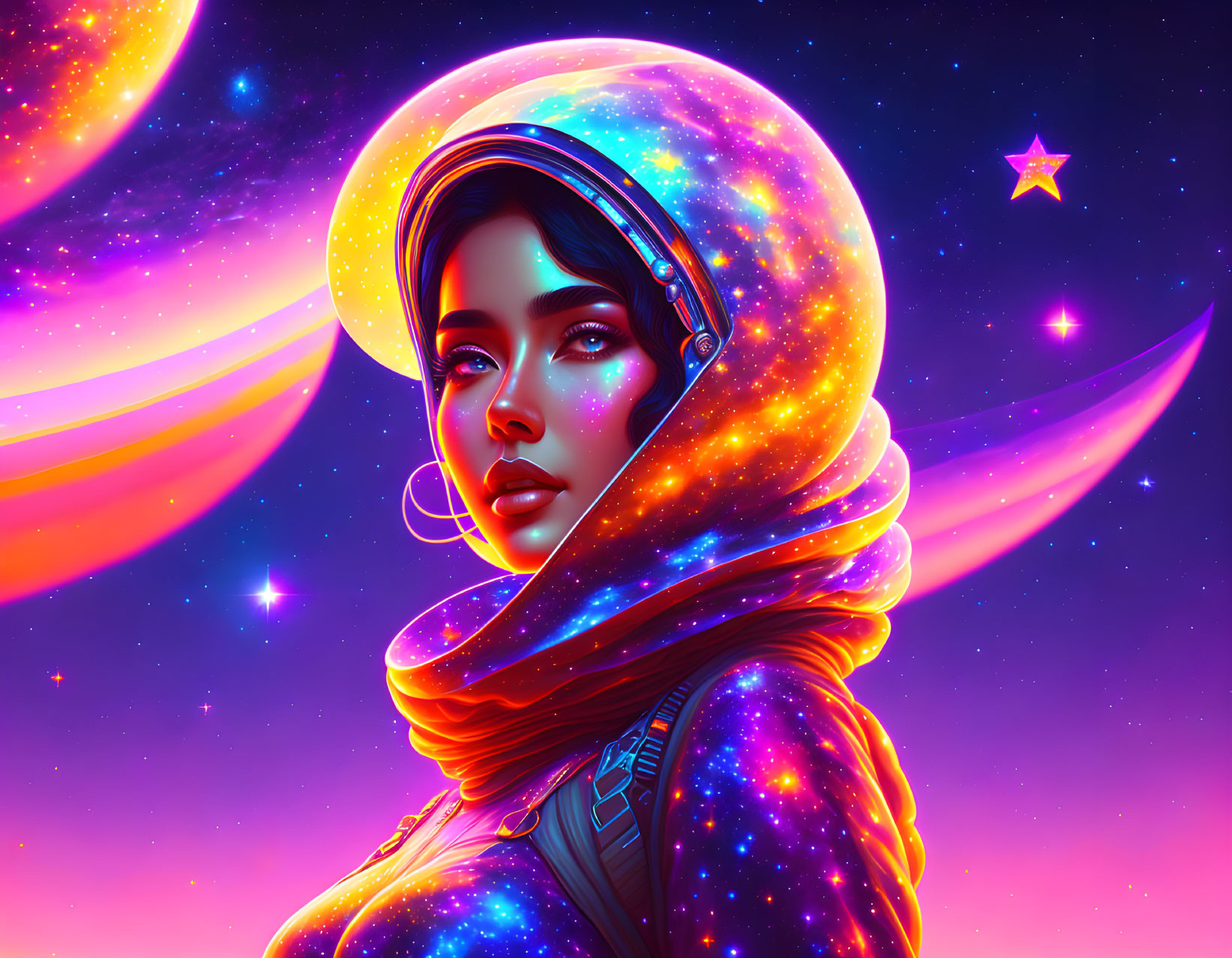 Cosmic-themed digital artwork of woman in hijab and spacesuit
