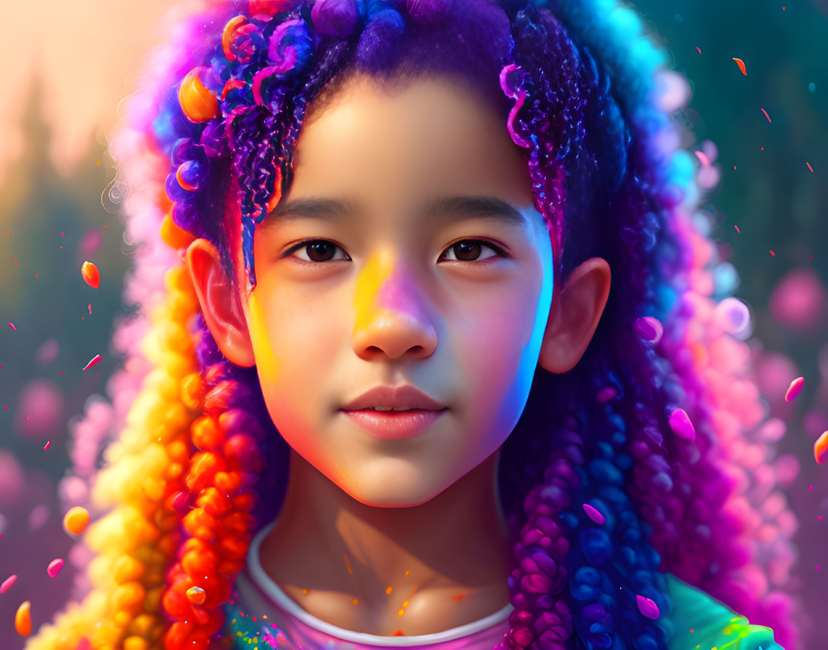 Colorful Portrait of Child with Rainbow Curly Hair