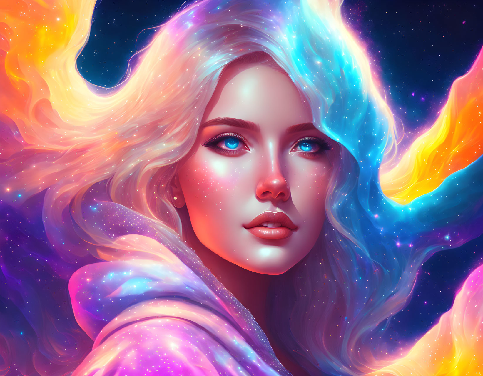 Digital Artwork: Woman with Cosmic Hair and Nebula Colors
