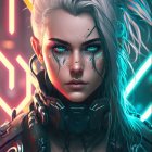 Stylized female character with white hair and gold adornments in futuristic neon-lit scene
