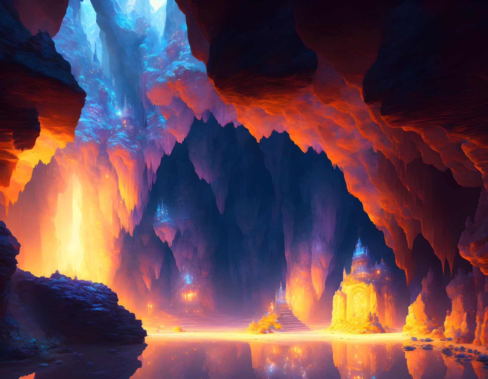 Fantastical cave with glowing lights, reflective water, and crystalline structures