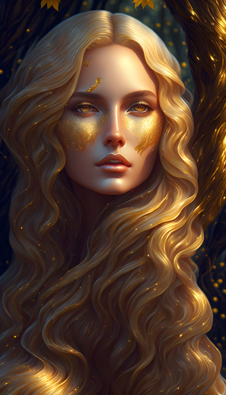 Digital artwork: Woman with golden hair and face speckled with gold, serenely gazing