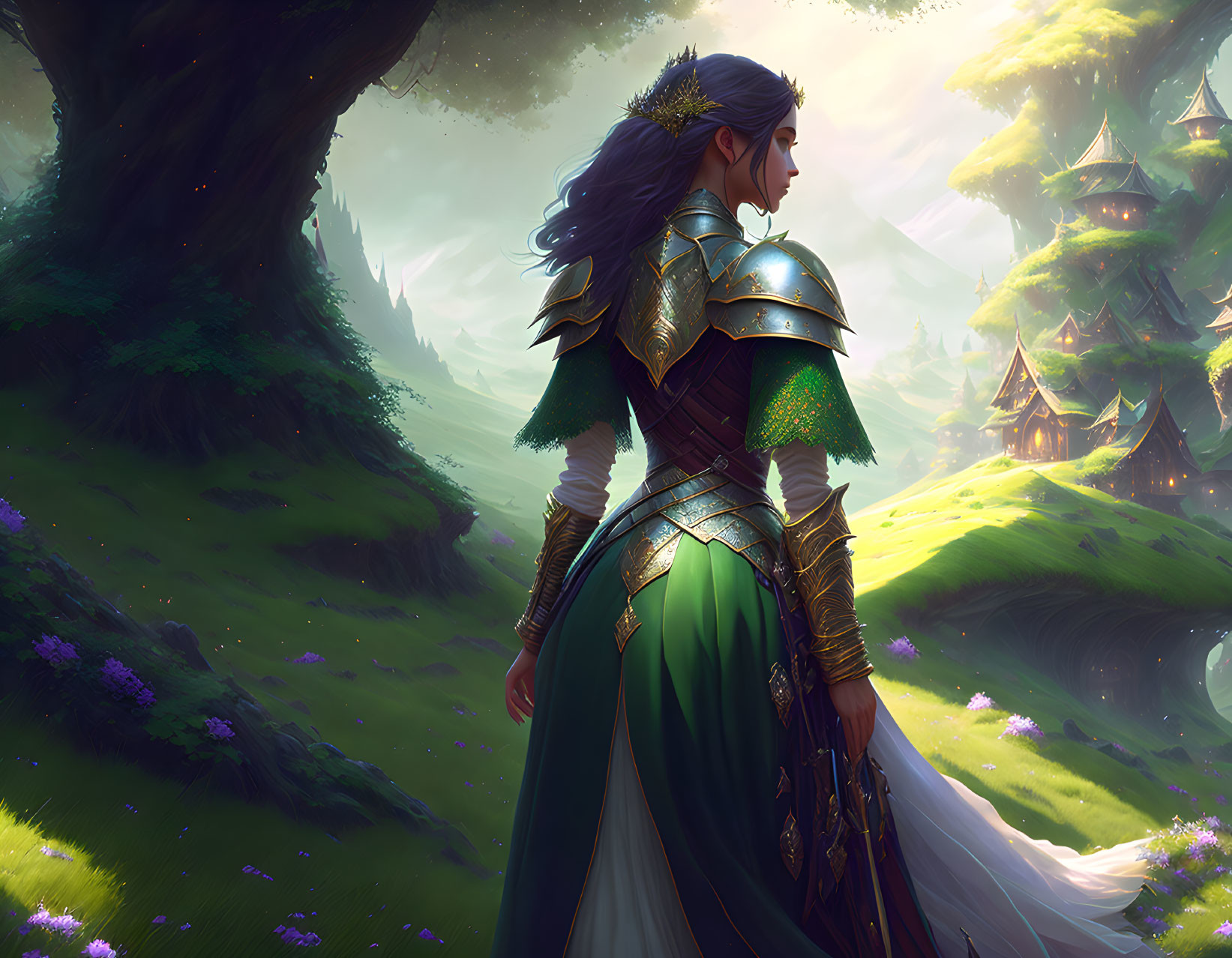 Female warrior in green armor surveys mystical forest with treetop houses