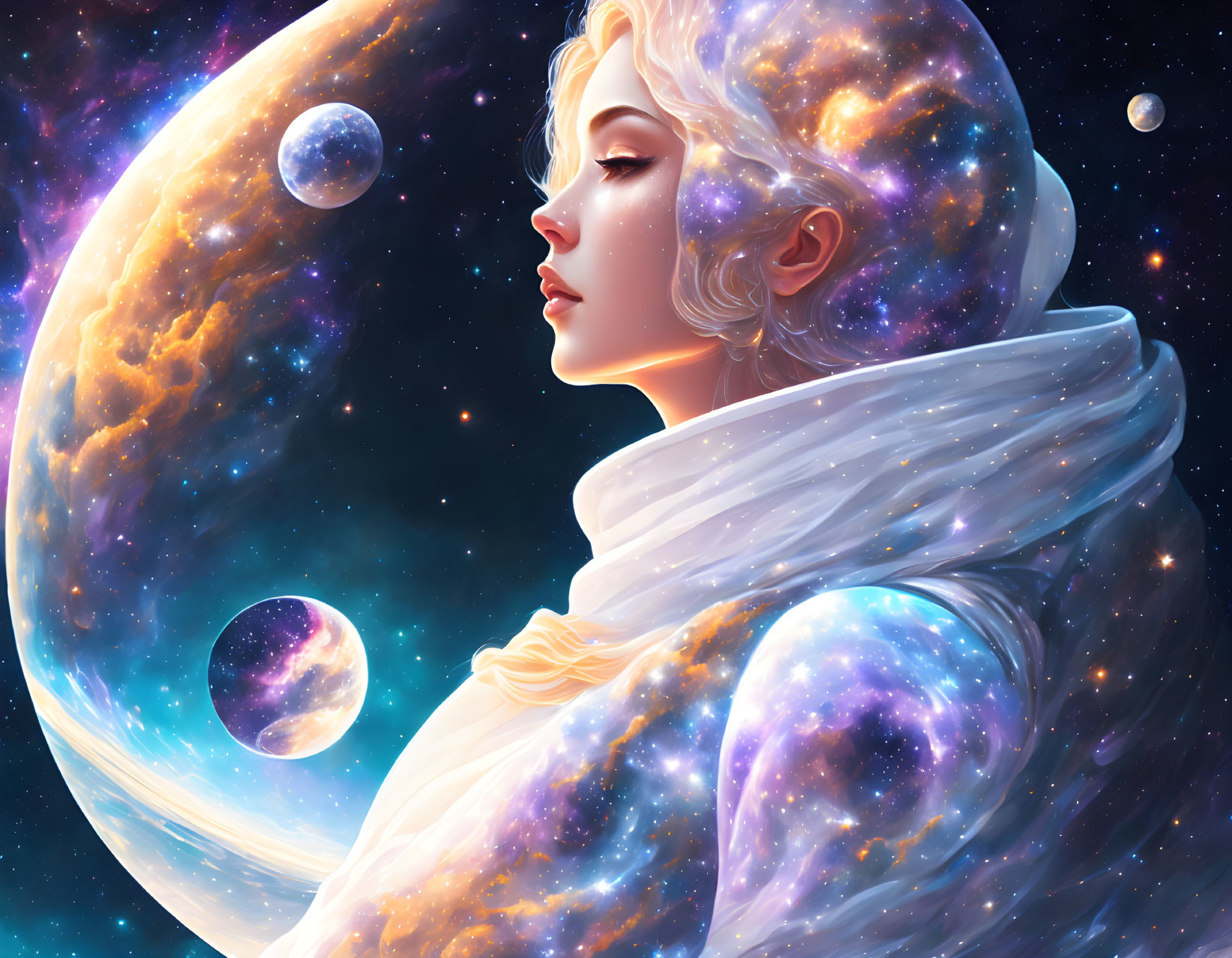 Cosmic-themed portrait of a serene woman in celestial scarf against vibrant space backdrop