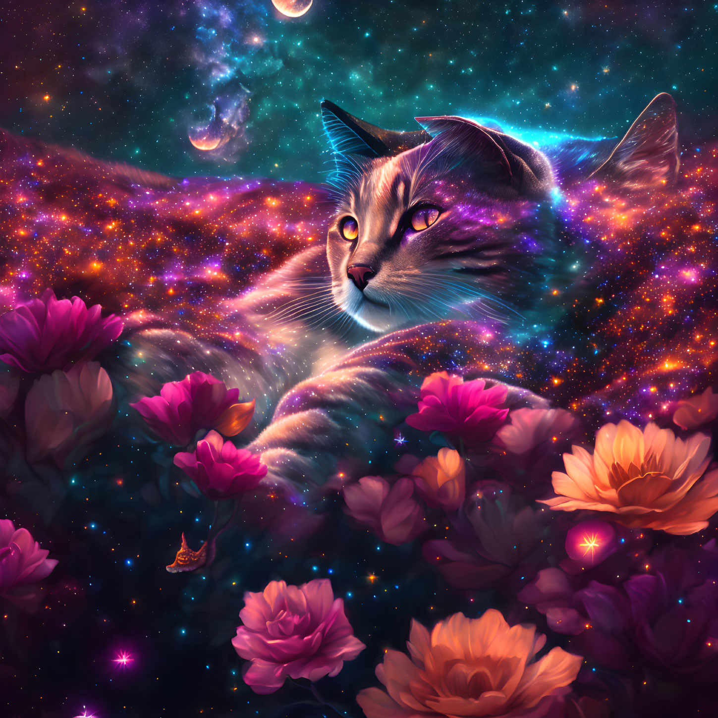 Cat's head in cosmic galaxy with flowers and celestial elements