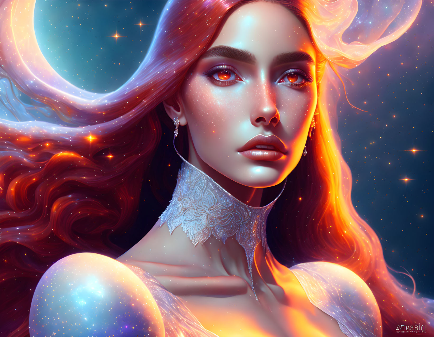Cosmic-themed digital artwork of a woman with galaxy hair and blue eyes