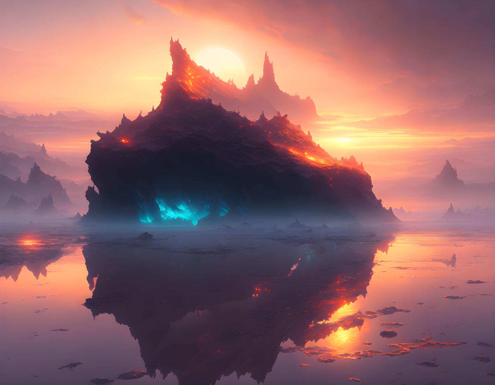 Mystical landscape with glowing blue cave, dark mountain range, pink sky, and twin suns