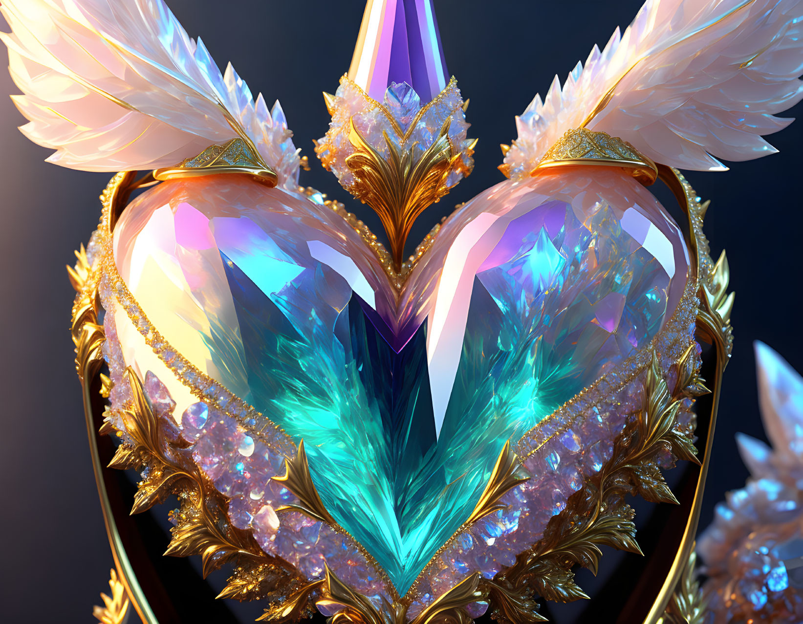Heart-shaped gem with golden ornaments and feathered wings - a mystical and luxurious design.