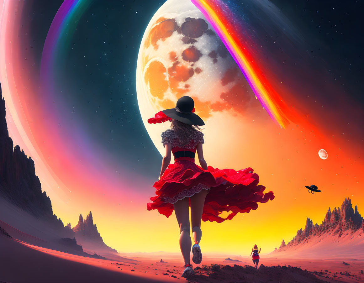 Person in red dress and hat walking towards large moon on vibrant alien landscape