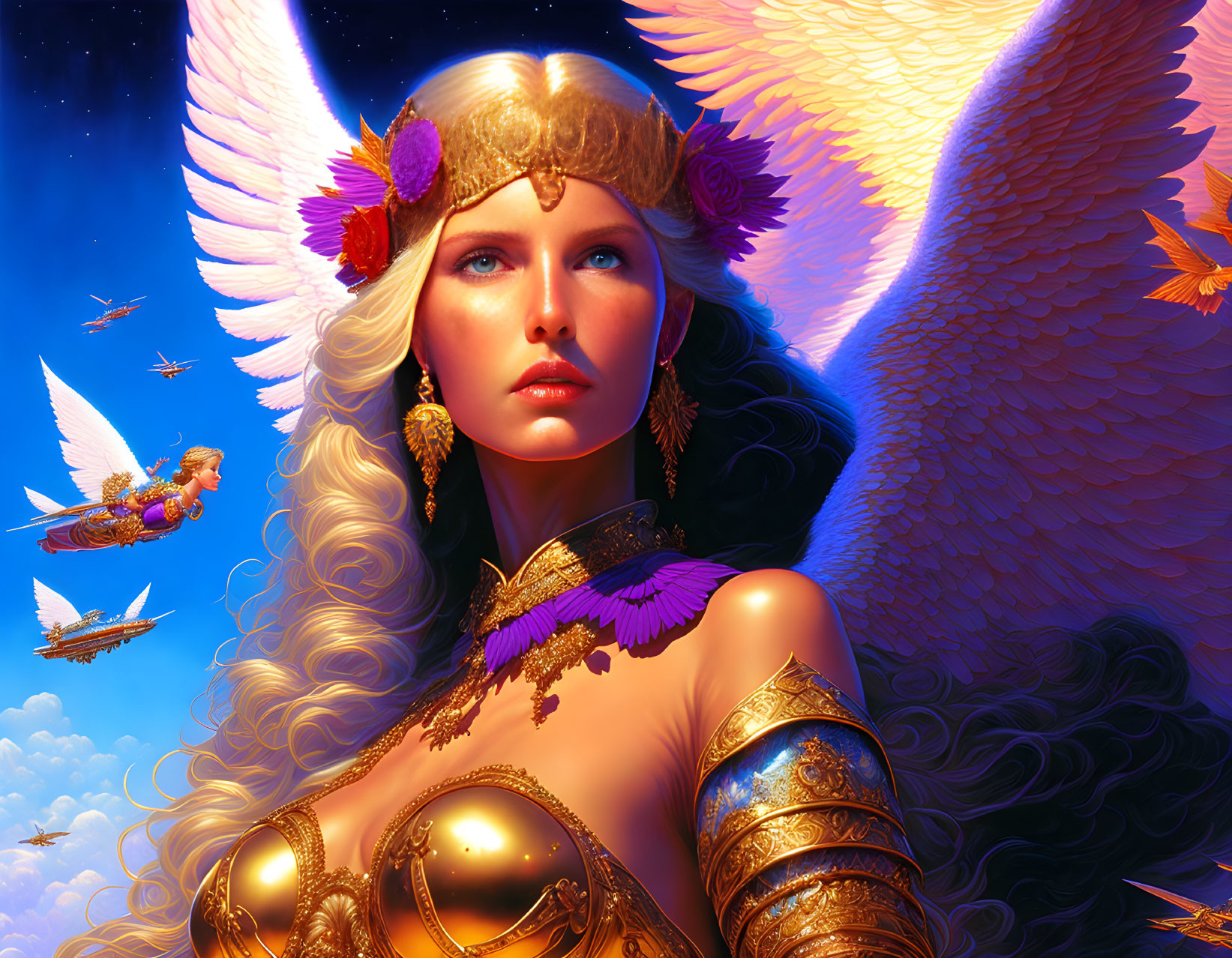 Fantasy illustration of winged woman in golden armor with birds against blue sky