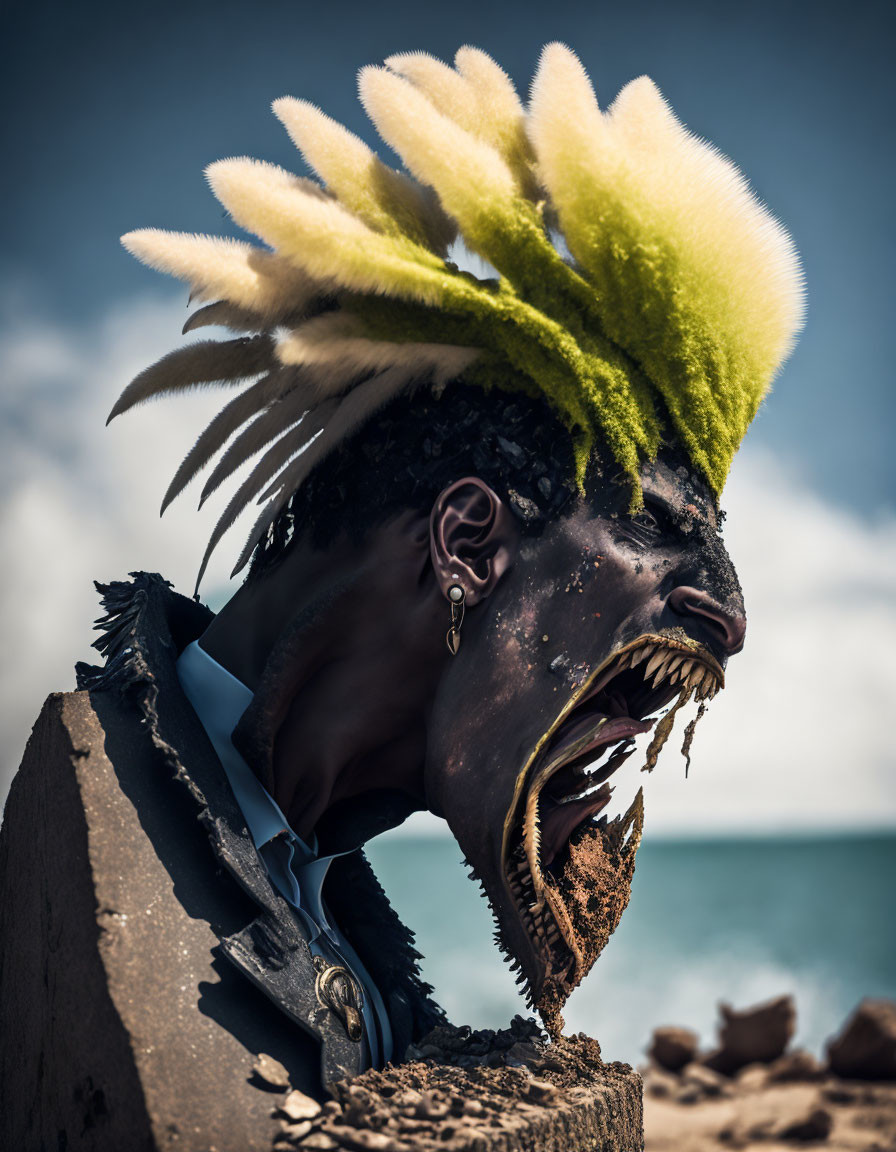 Exaggerated mouth and yellow spiked hair in artistic makeup against sky and sea.
