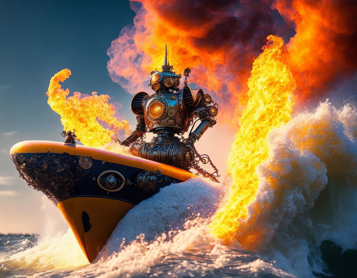 Steampunk-style robot surfing amidst fiery explosions at sunset