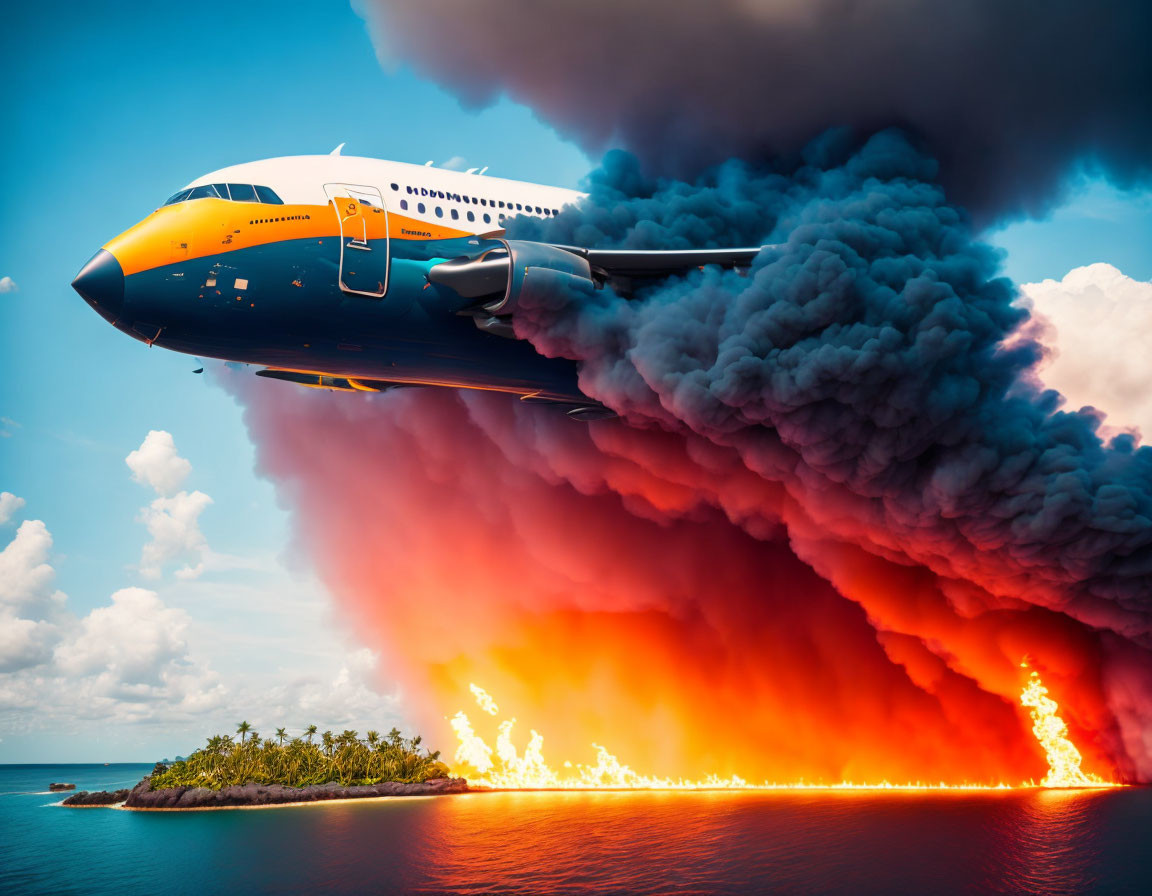 Airplane in Flight with Fiery Smoke Effects Against Blue Sky and Island