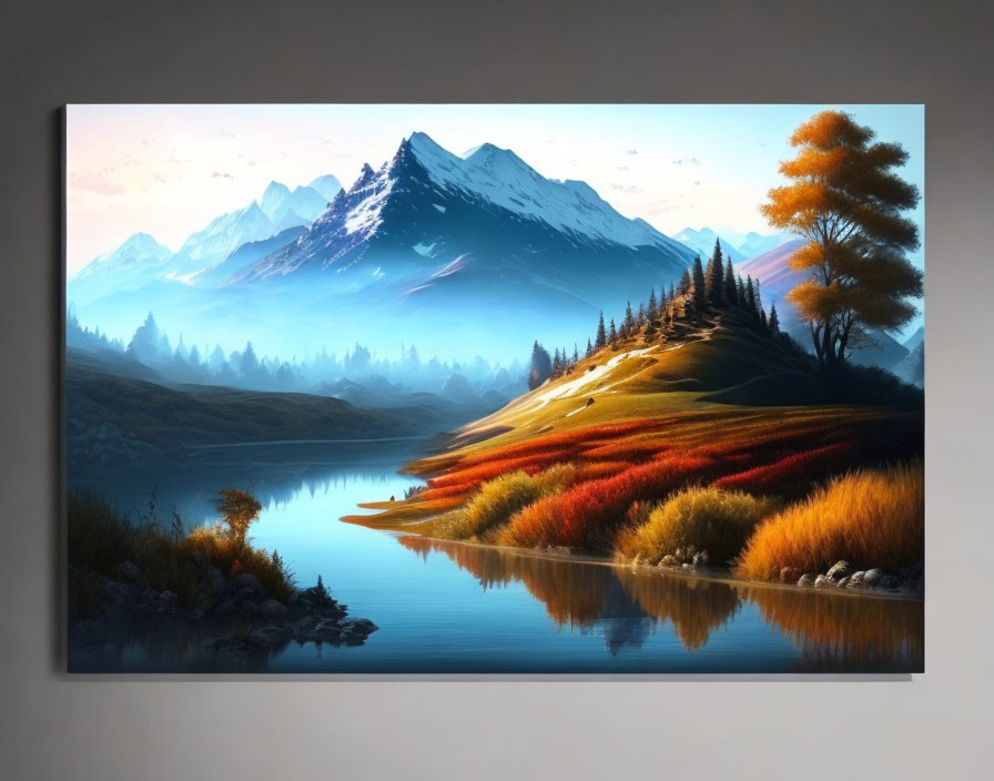 Tranquil landscape painting: mountain, river, autumn foliage