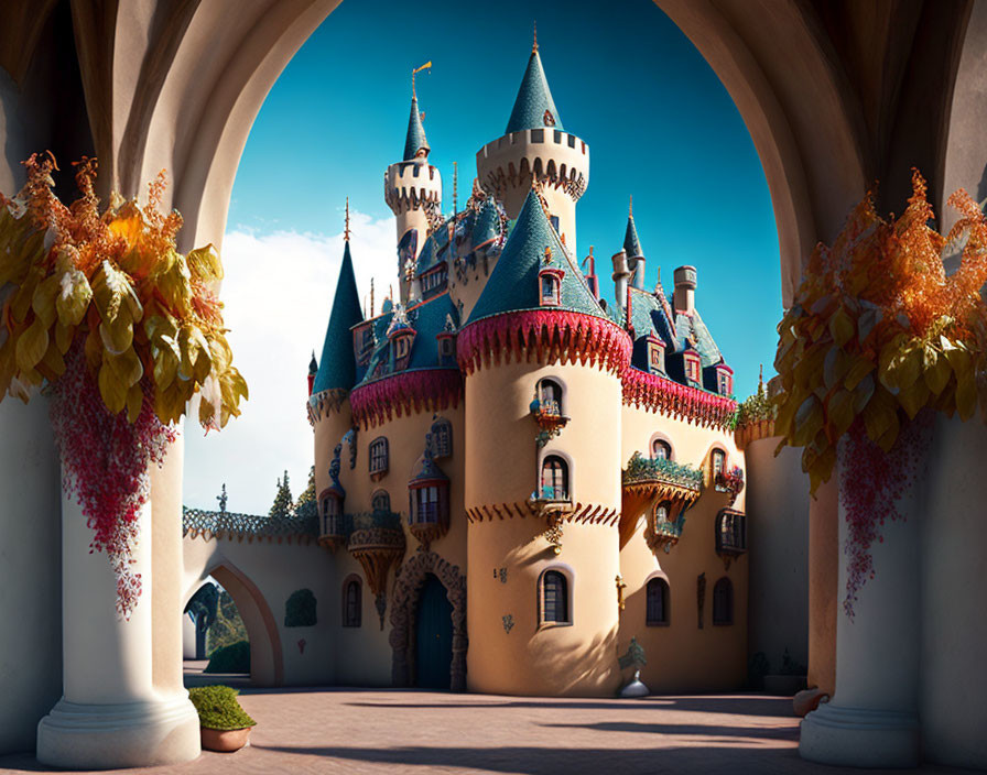 Fairytale castle with ivy, spires, and autumn leaves under blue sky