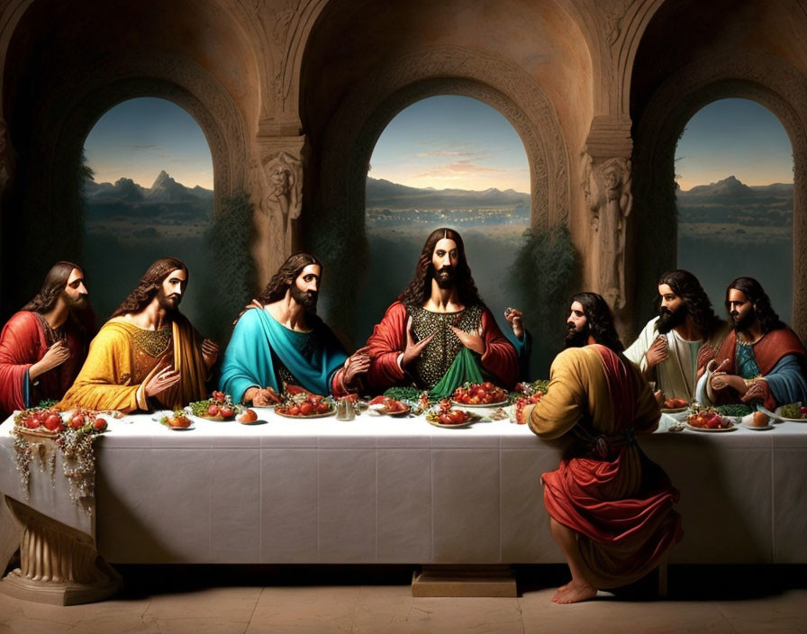 Religious painting: Last Supper scene with Jesus and disciples in arches landscape