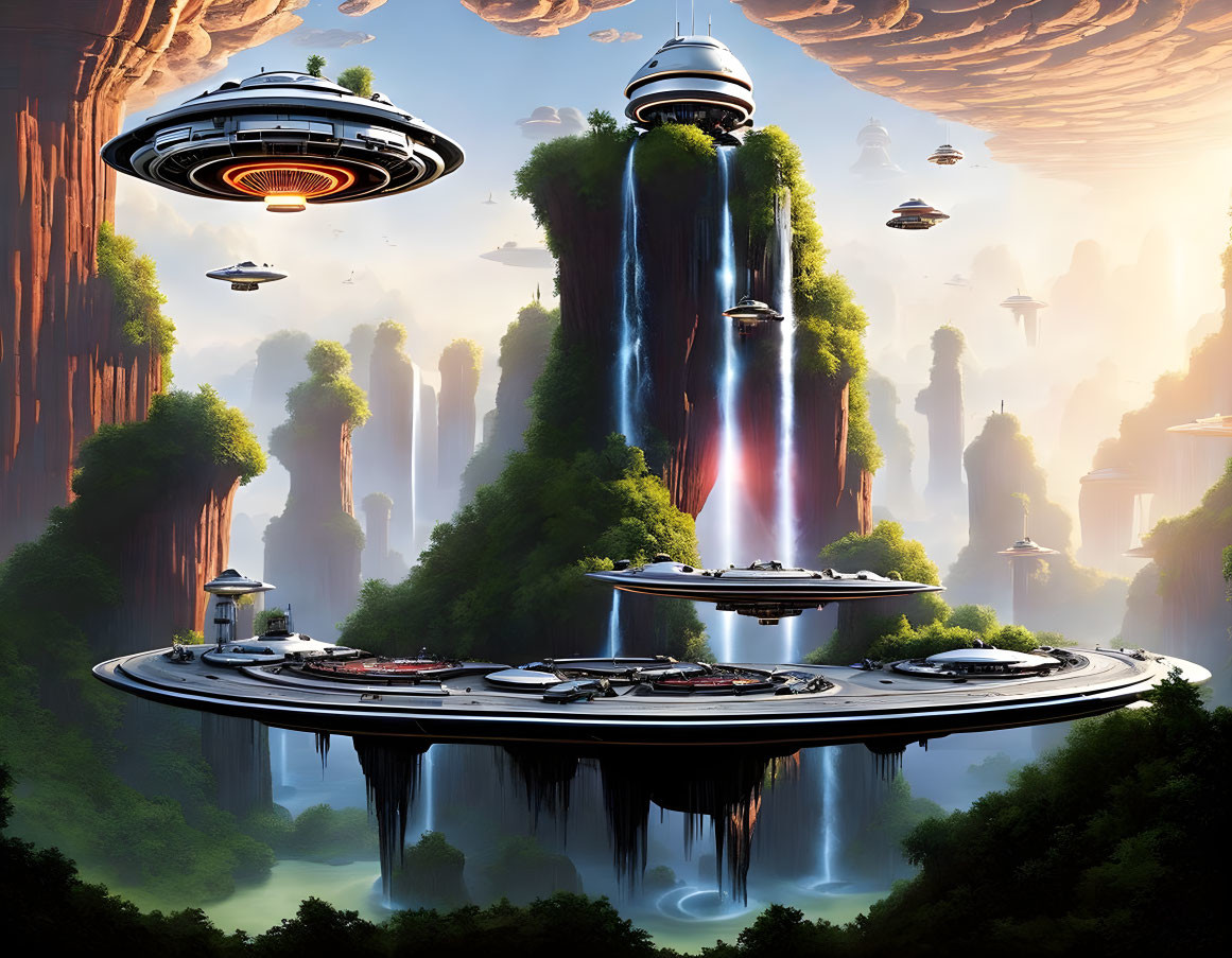 Futuristic cityscape with floating platforms, spacecraft, waterfalls, and lush greenery
