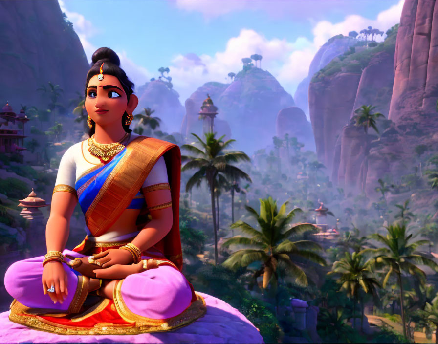 Traditional Indian Attire Animated Character Amid Greenery and Temple Architecture