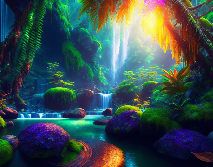 Lush Jungle Scene with Waterfall and Sunlight Beams