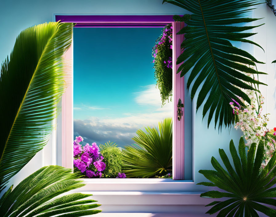 Scenic open window with blue sky, clouds, green plants & pink flowers