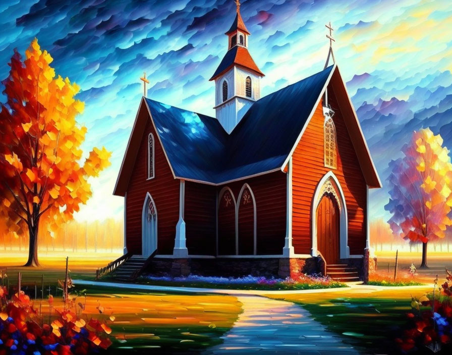 Autumn sunset scene: small wooden church with steeple amid dynamic sky and trees