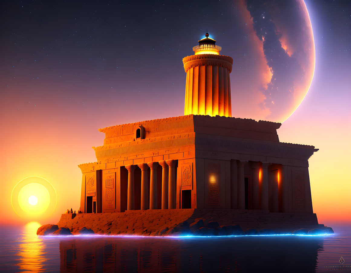 Digital art of ancient lighthouse at dusk with crescent moon, stars, and bioluminescent