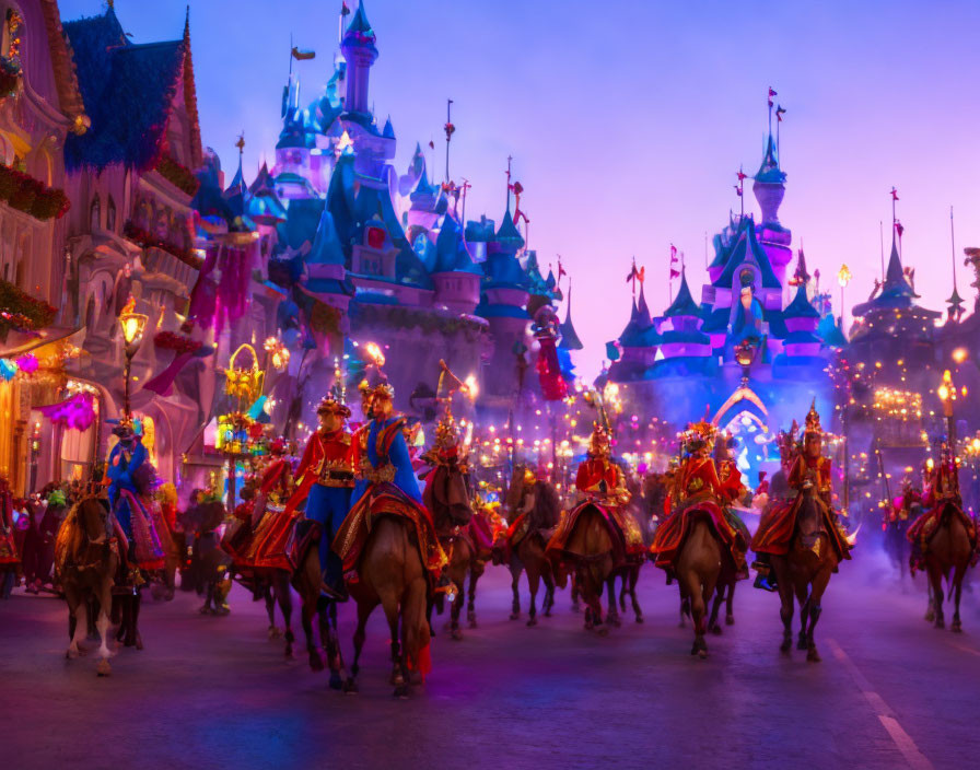 Festive Dusk Parade with Horse-Mounted Figures and Castle Lights
