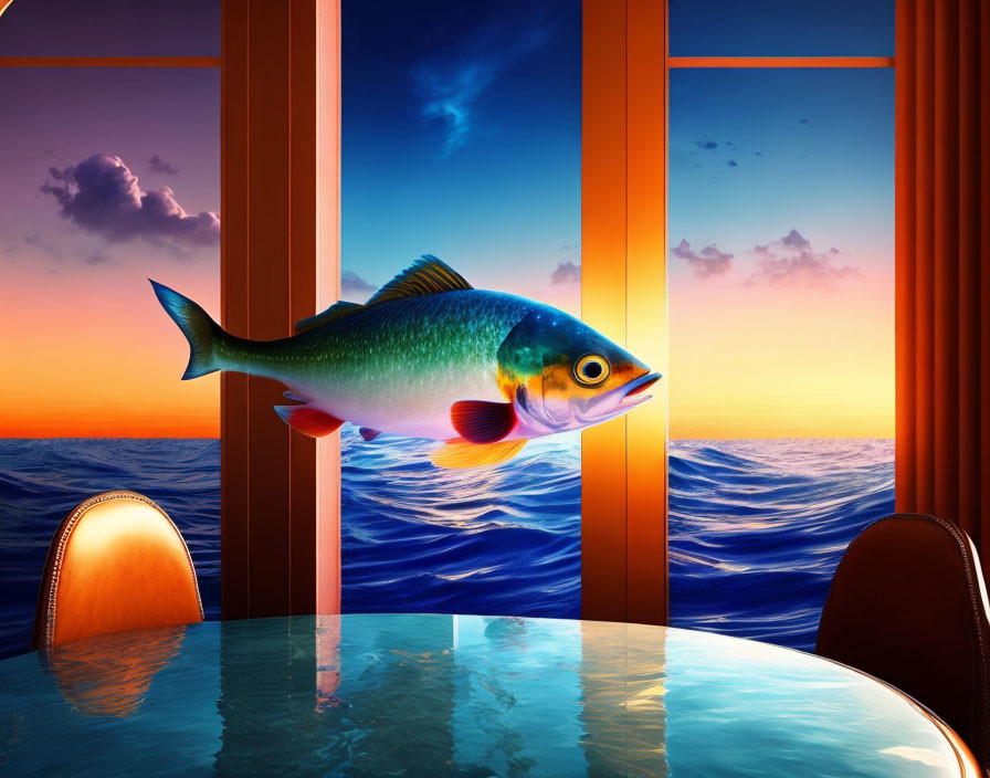 Colorful Fish Swimming in Luxurious Room with Sunset View
