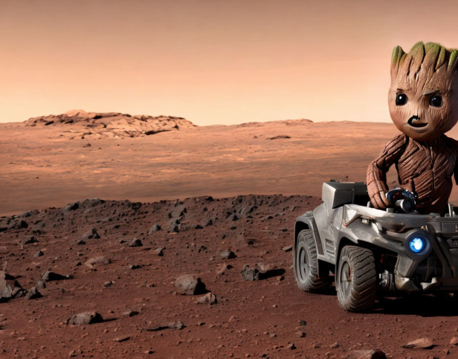 Animated character on ATV in Mars-like landscape