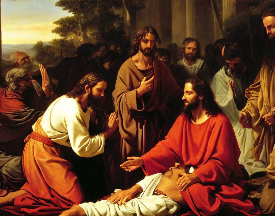 Religious painting of Jesus healing disciples, emphasizing compassion and miracles