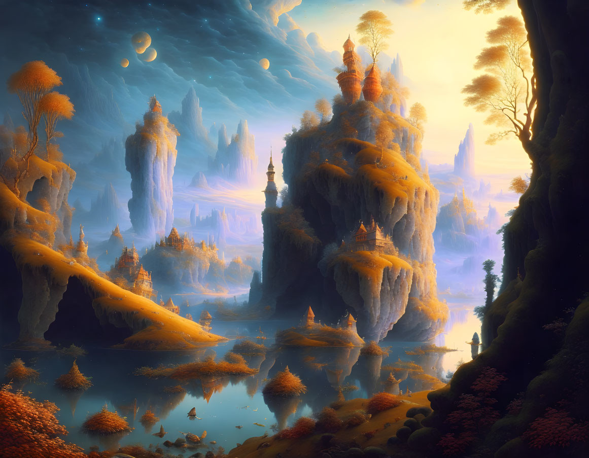 Majestic fantasy landscape with glowing trees and castles