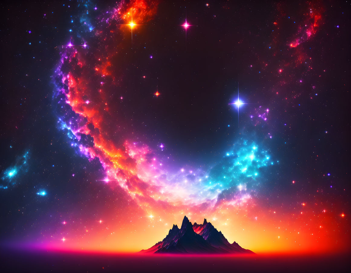 Colorful Cosmic Sky Over Silhouetted Mountain Peaks