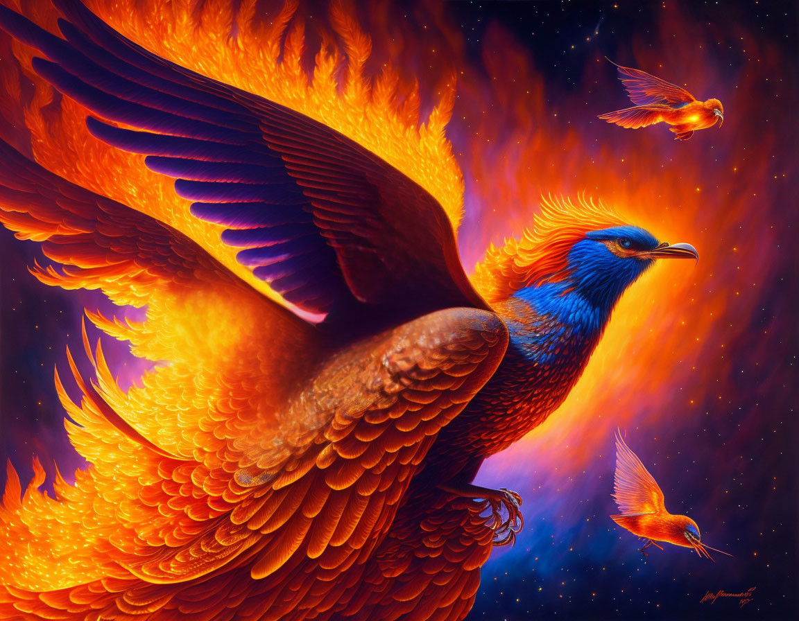 Colorful digital artwork of a mythical phoenix soaring amidst sparks and smaller birds on a deep blue backdrop
