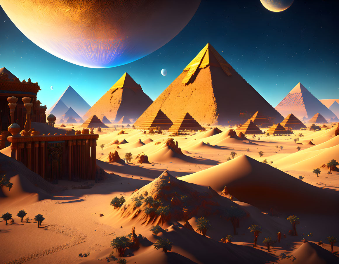 Desert landscape with pyramids, ancient temple, alien planet, and moon.