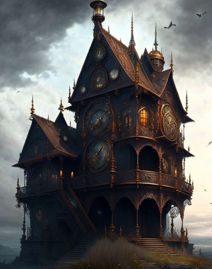 Gothic-style ornate clock tower house under twilight sky with flying birds