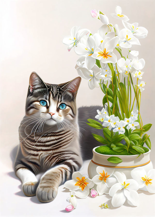 soft cat and potted flowers realistic painting