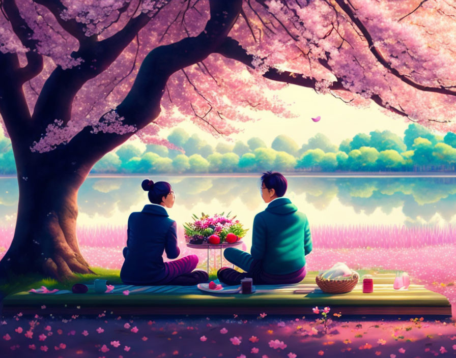 Couple enjoying a picnic under cherry blossom tree at sunset